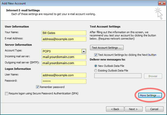 Outlook 2010 "Internet E-mail Settings" window for POP3